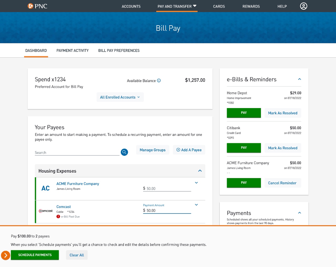 Screenshot of the Bill Pay Dashboard showing the Schedule Payment footer.​