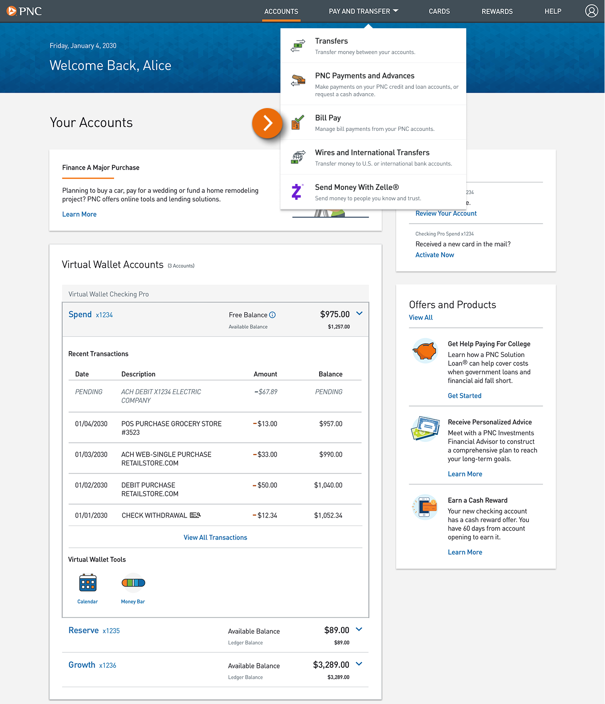 Screenshot of the expanded Pay and Transfer menu.​