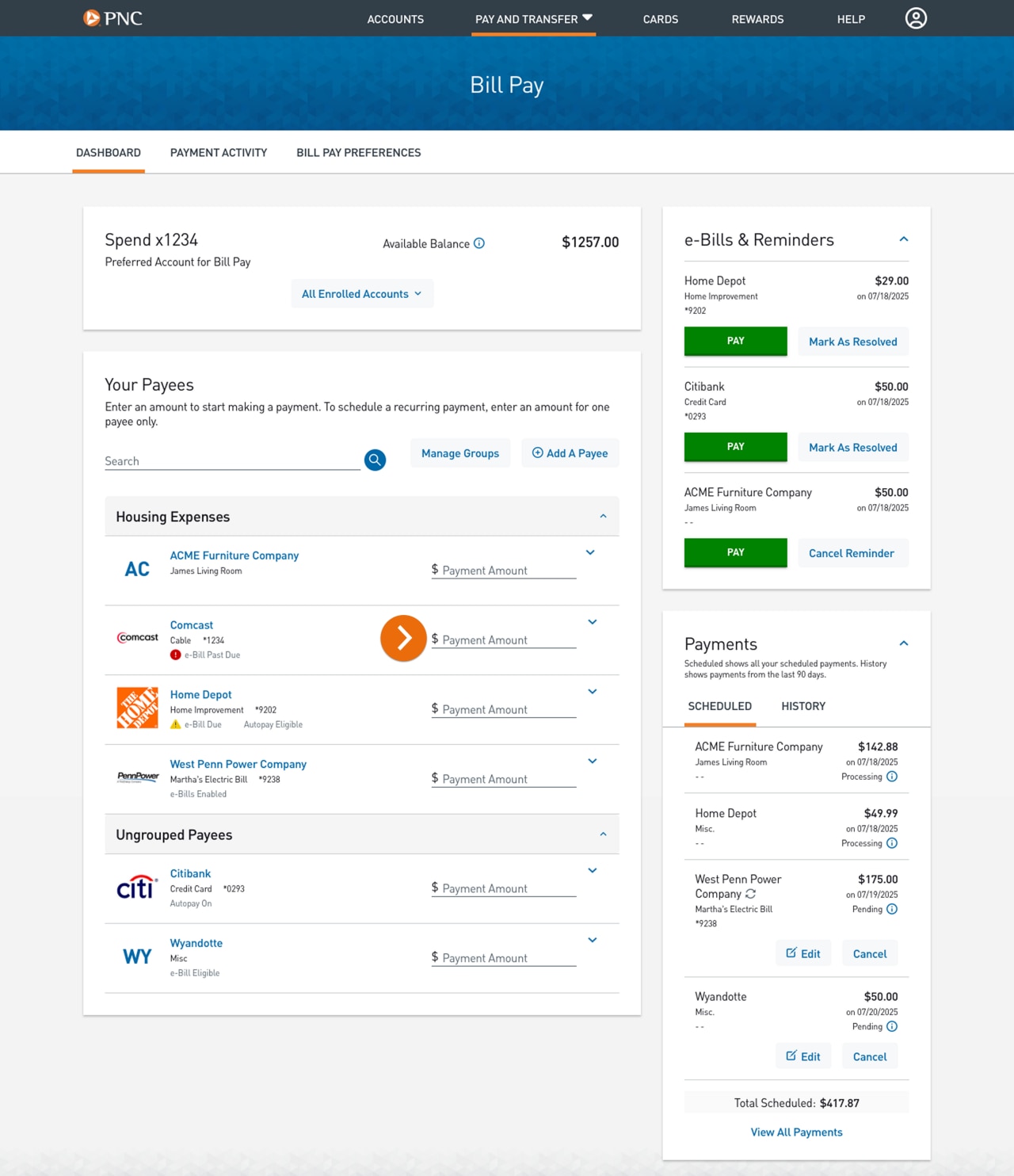 Screenshot of the Bill Pay Dashboard.​