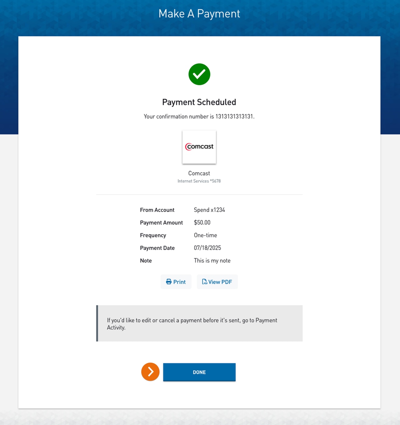 Screenshot of Make a Payment confirmation.​