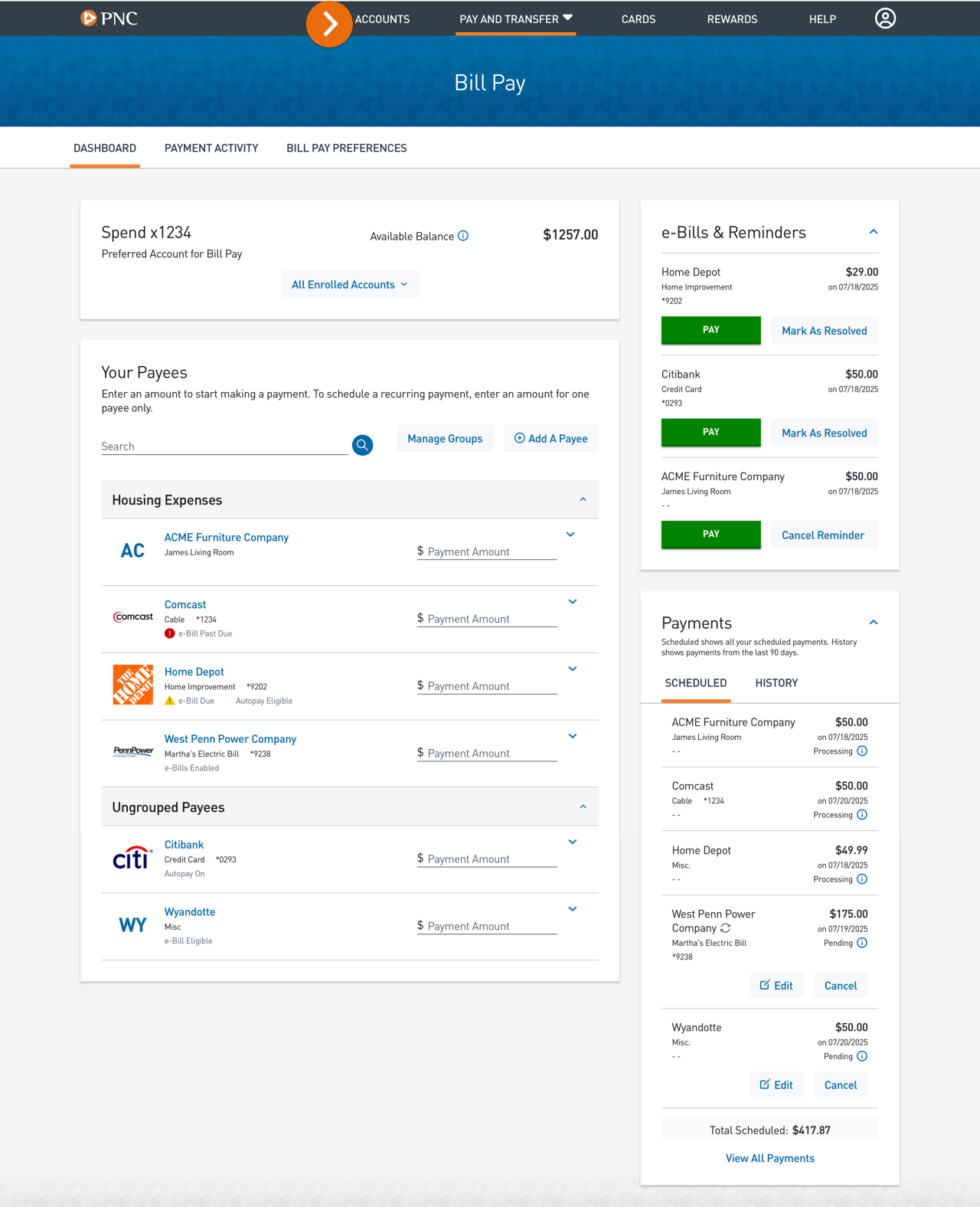  Screenshot of the Bill Pay Dashboard.​