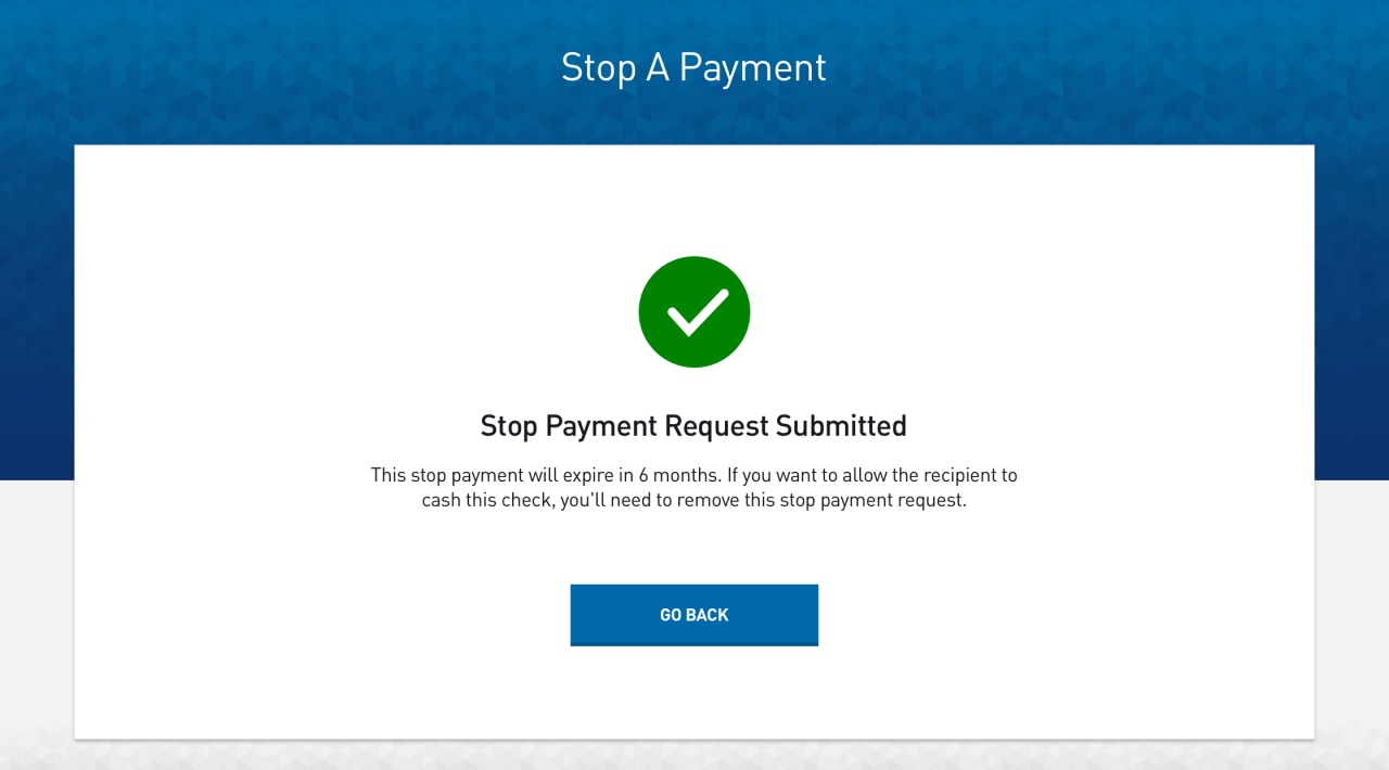 Screenshot of the Stop Payment Request Submitted page​