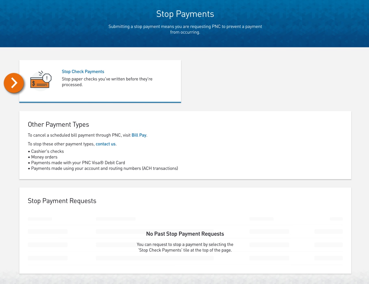 Screenshot of the Stop Payments page.​