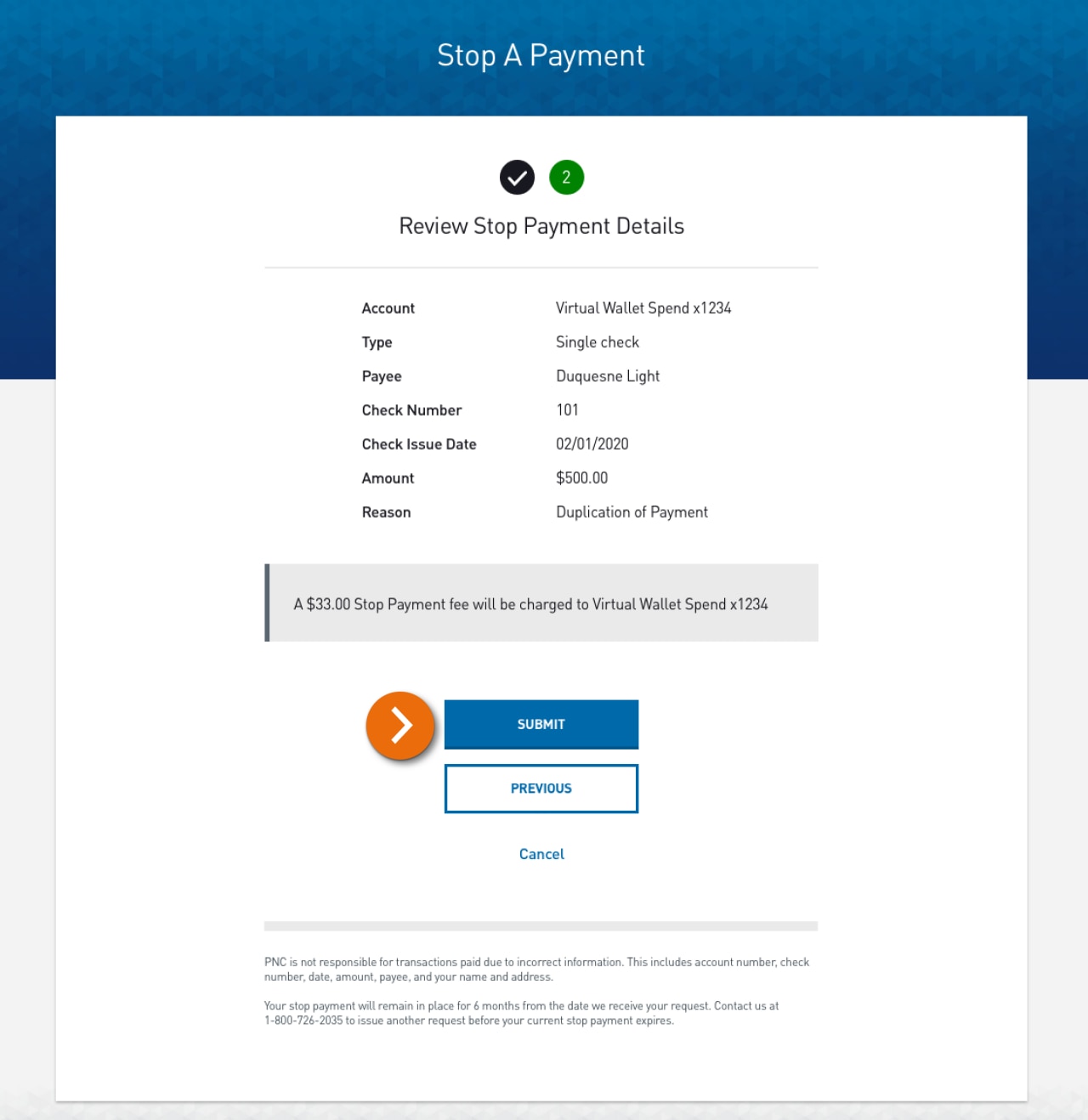 Screenshot of the Stop A Payment – Review Stop Payment Details page.​
