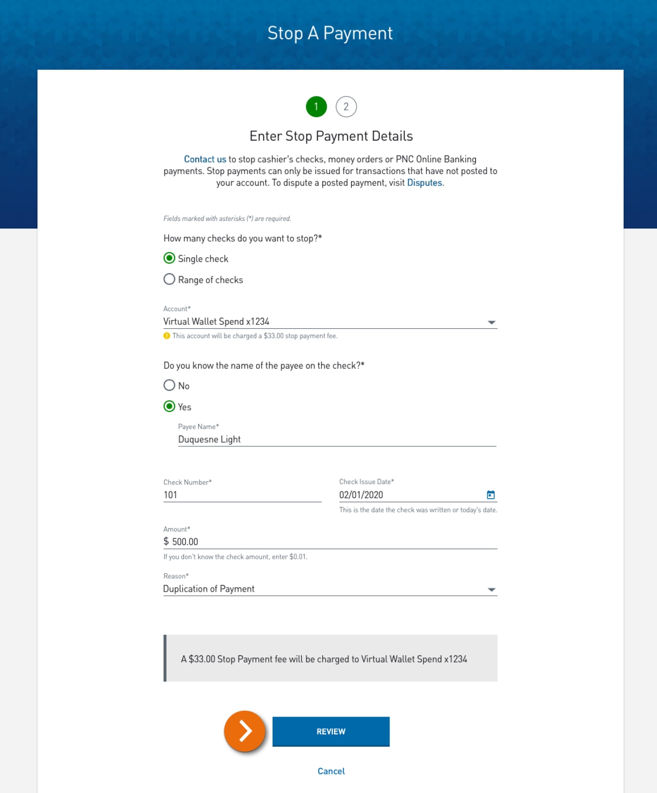 Screenshot of the Stop A Payment – Enter Stop Payment Details page.​