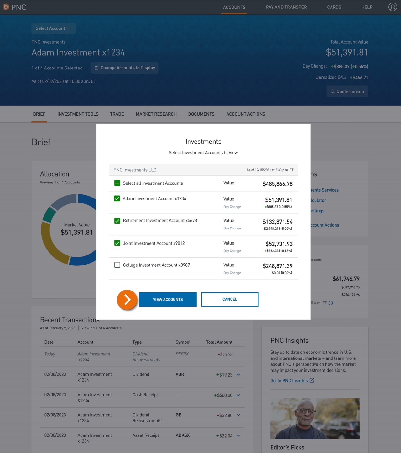 Screenshot of the Investment Account Selection page.