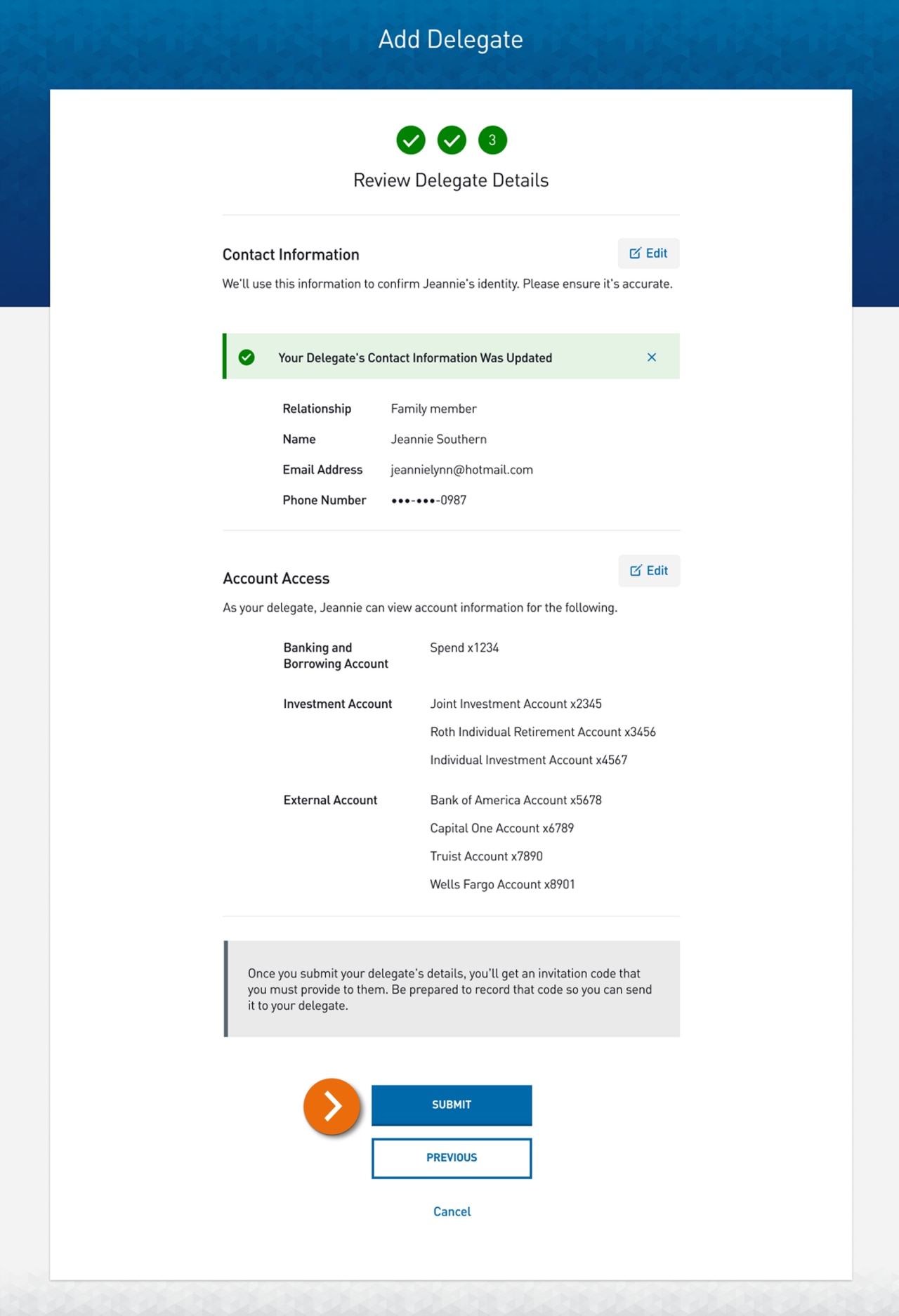 Screenshot of the Add Delegate page.