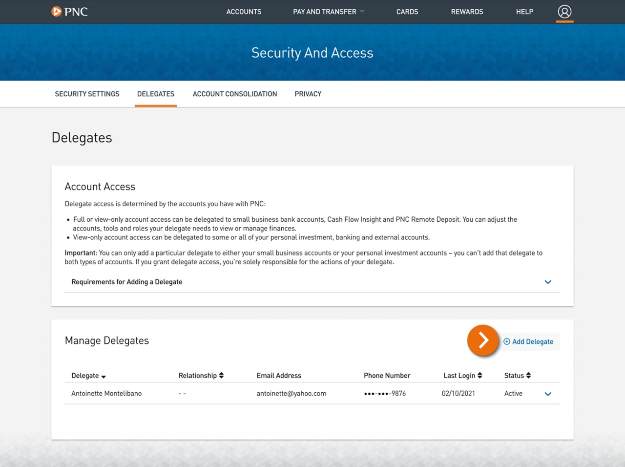 Screenshot of the Security and Access page.