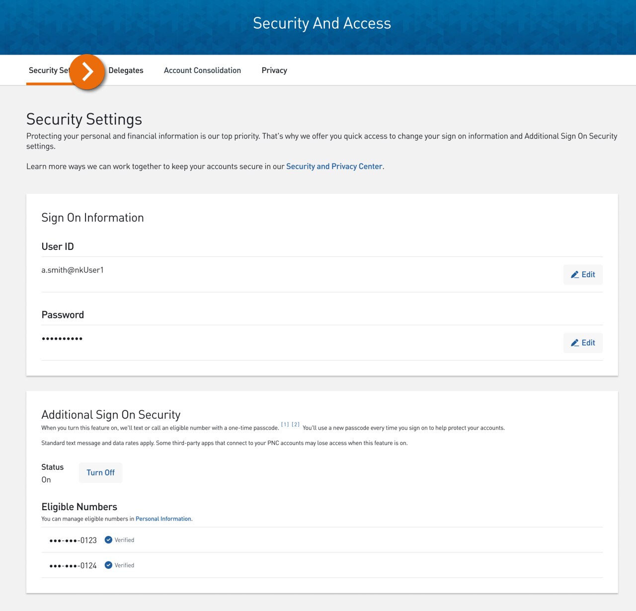 Screenshot of the security setting tab page.