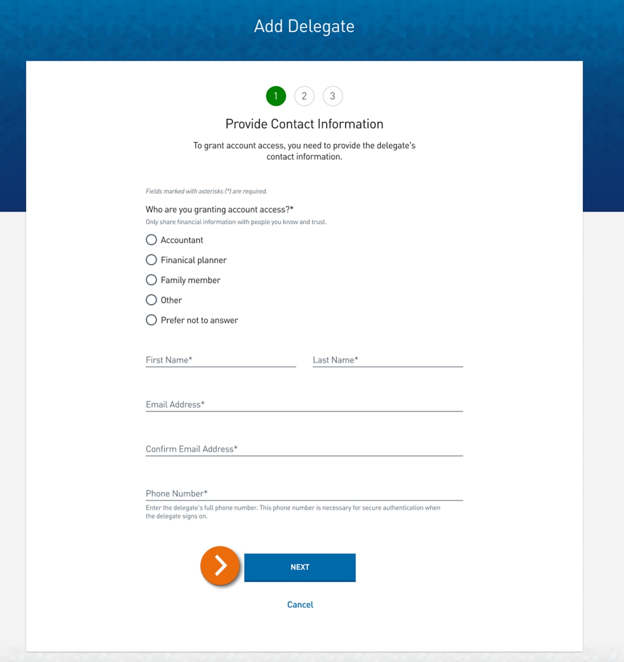 Screenshot of the Add Delegate page.