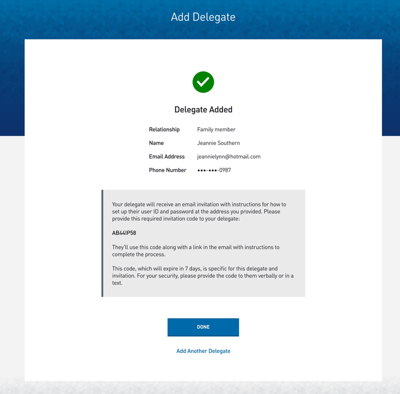 Screenshot of the Add Delegate page.