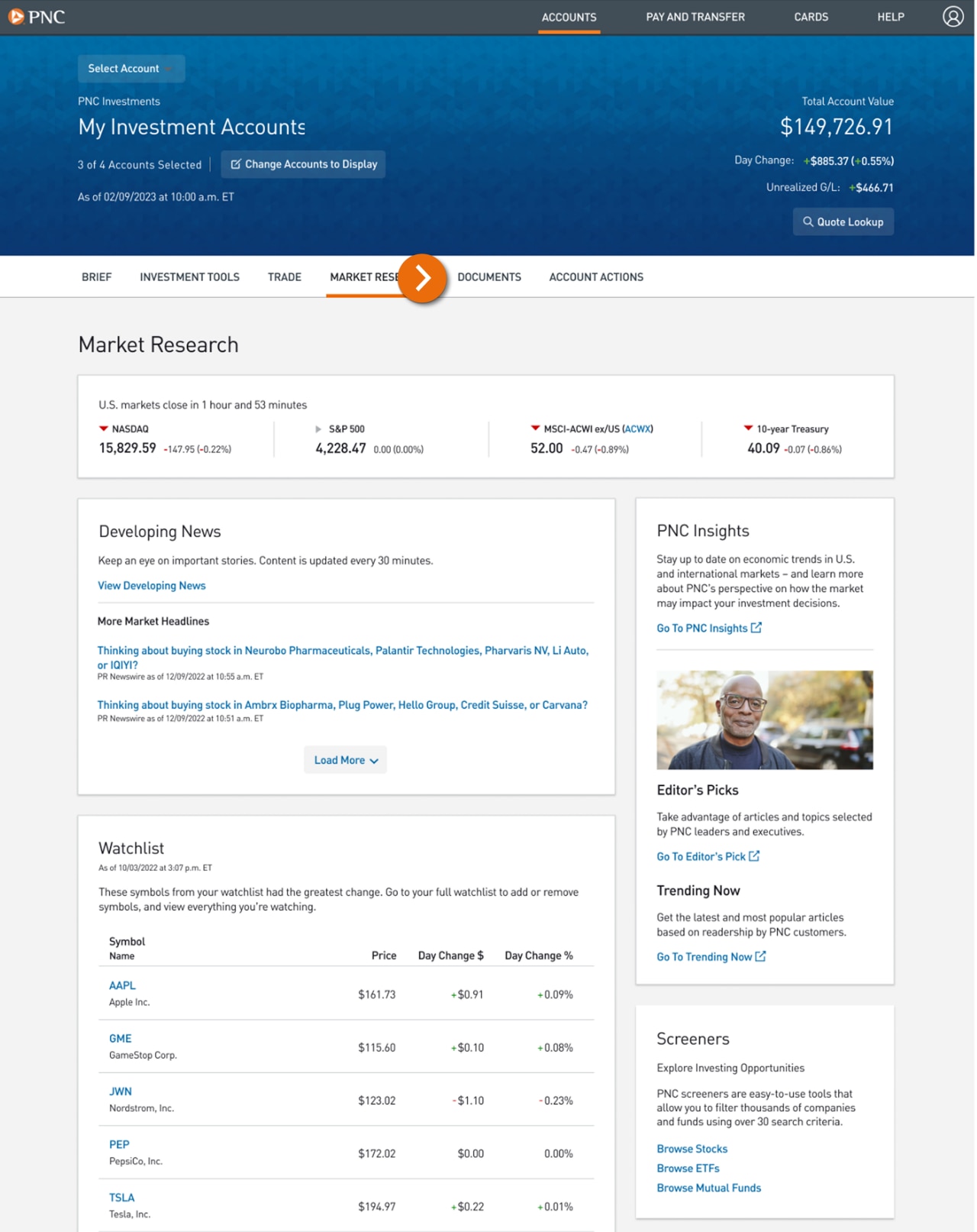 Screenshot of the Market Research page.