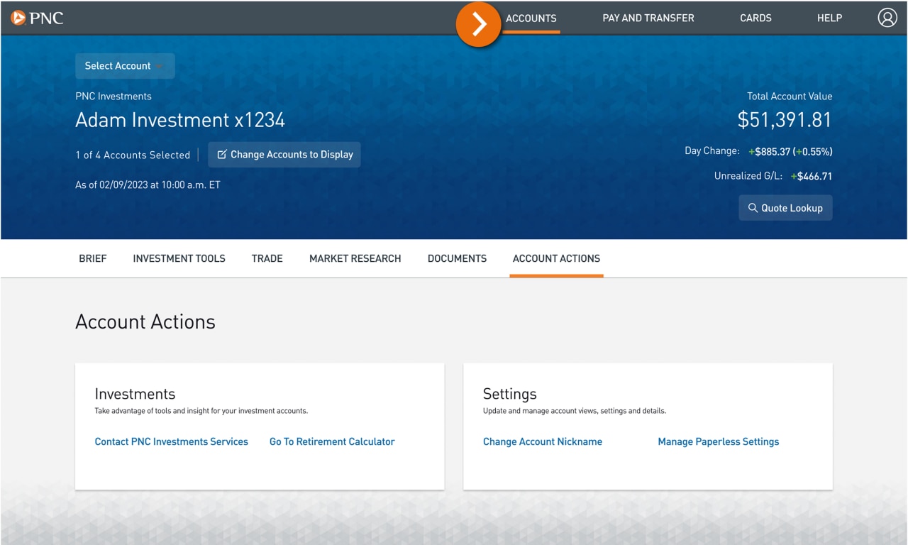 Screenshot of the Account Actions page.