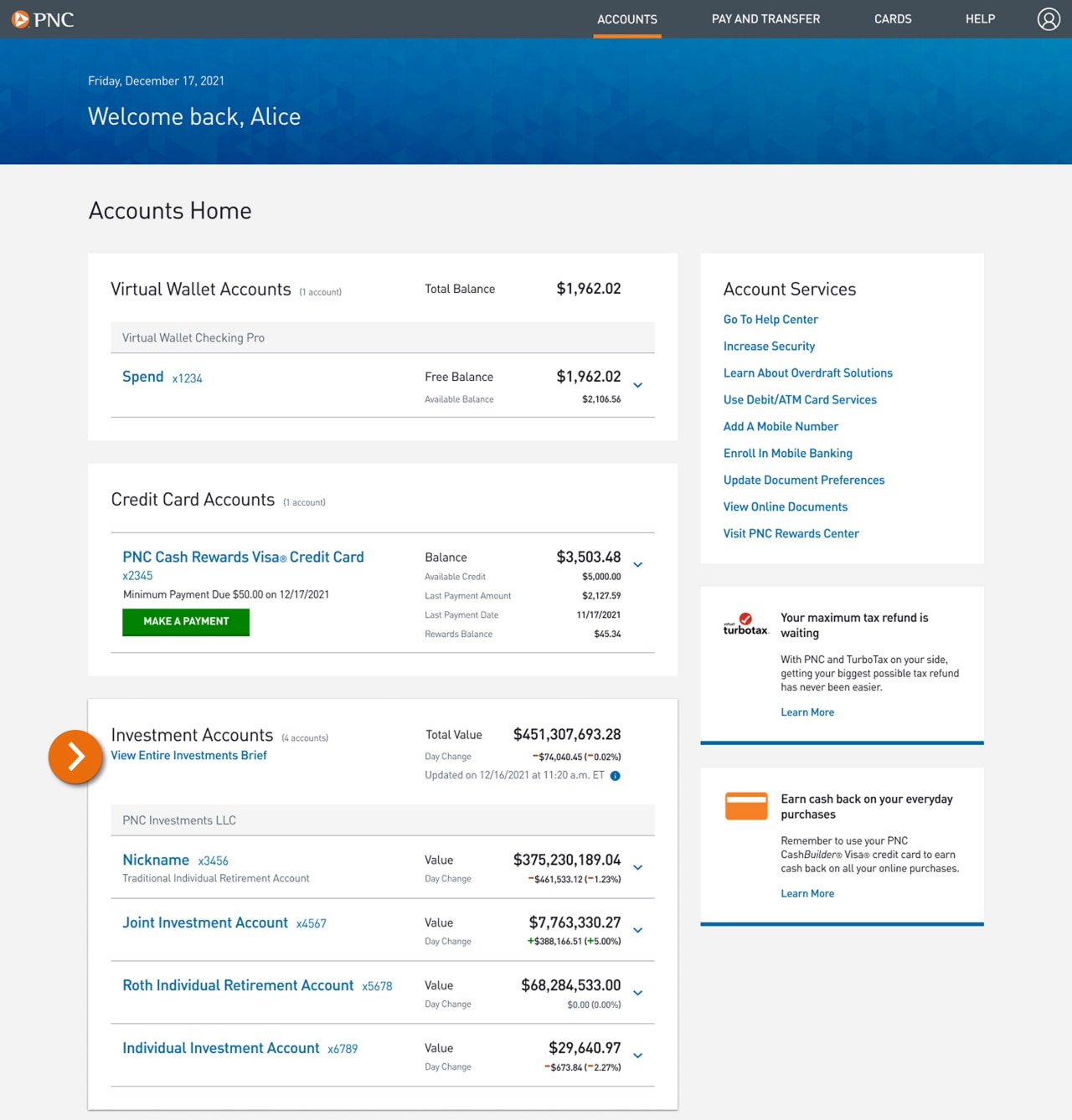 Screenshot of the Accounts landing page.