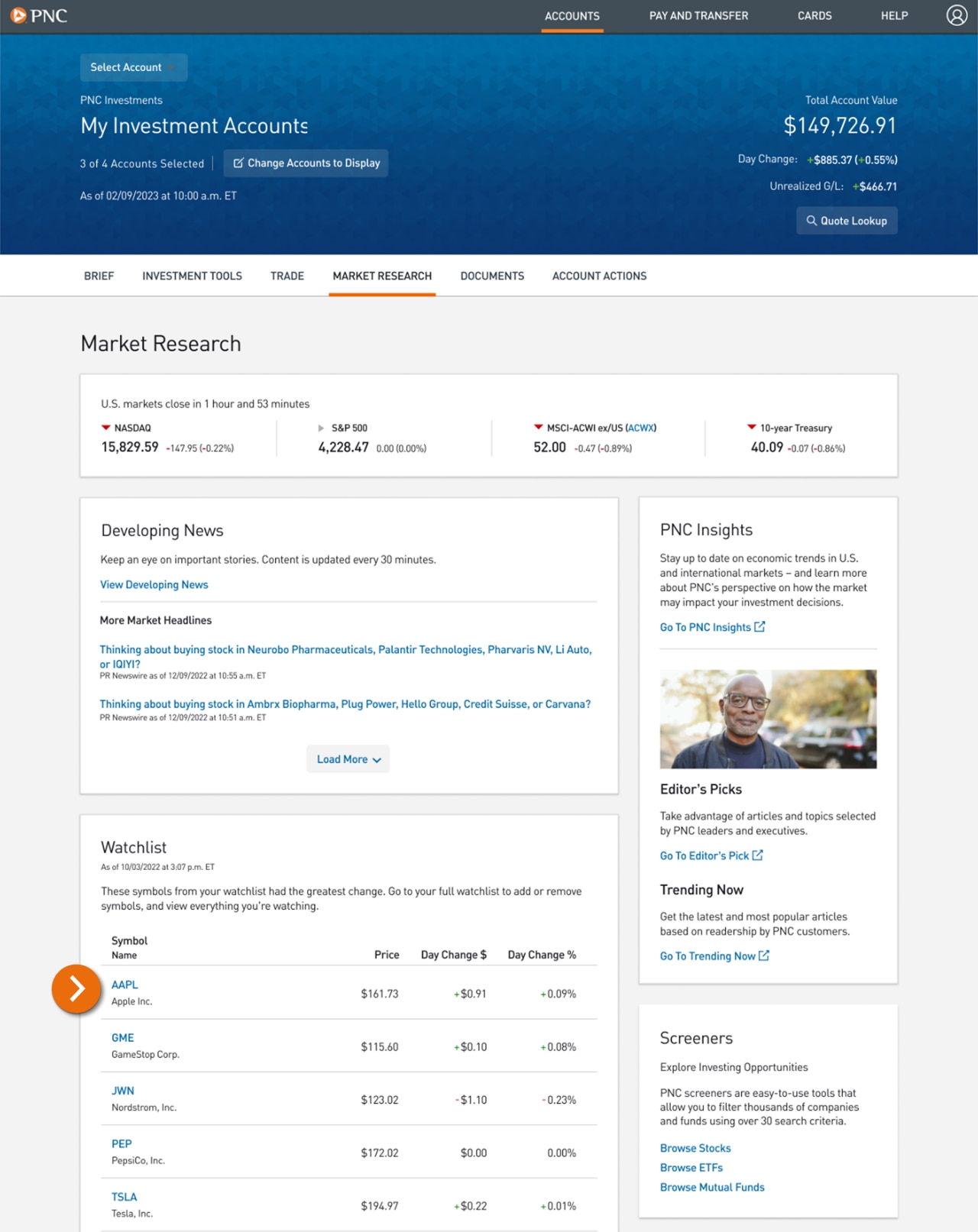Screenshot of the Market Research page.