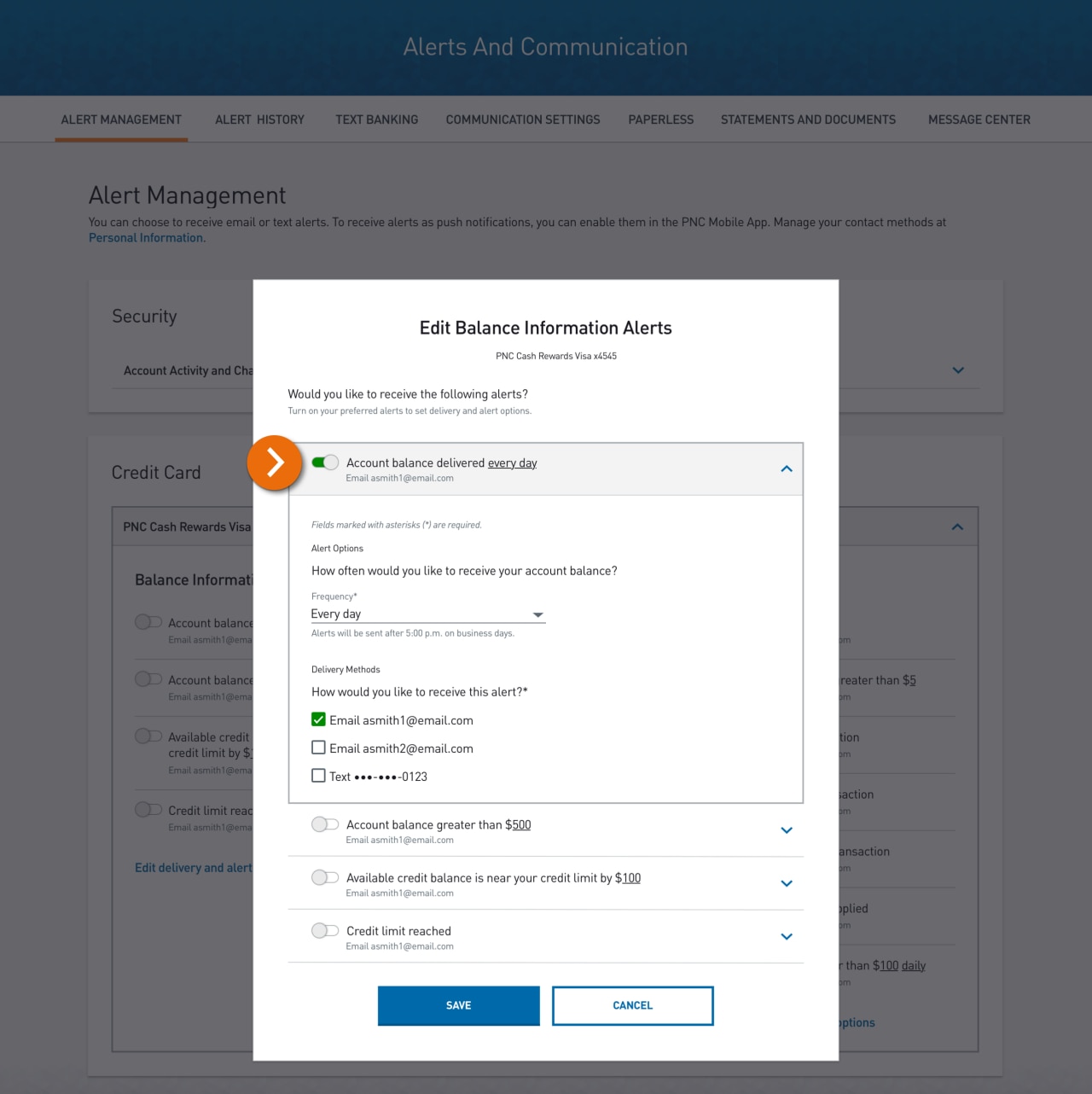 Screenshot of the Edit Balance Information Alerts options.​