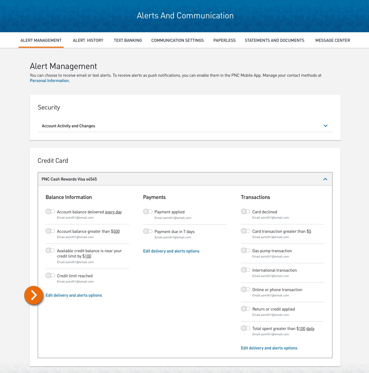 Screenshot of the Alert Management screen with focus on credit card accounts.​