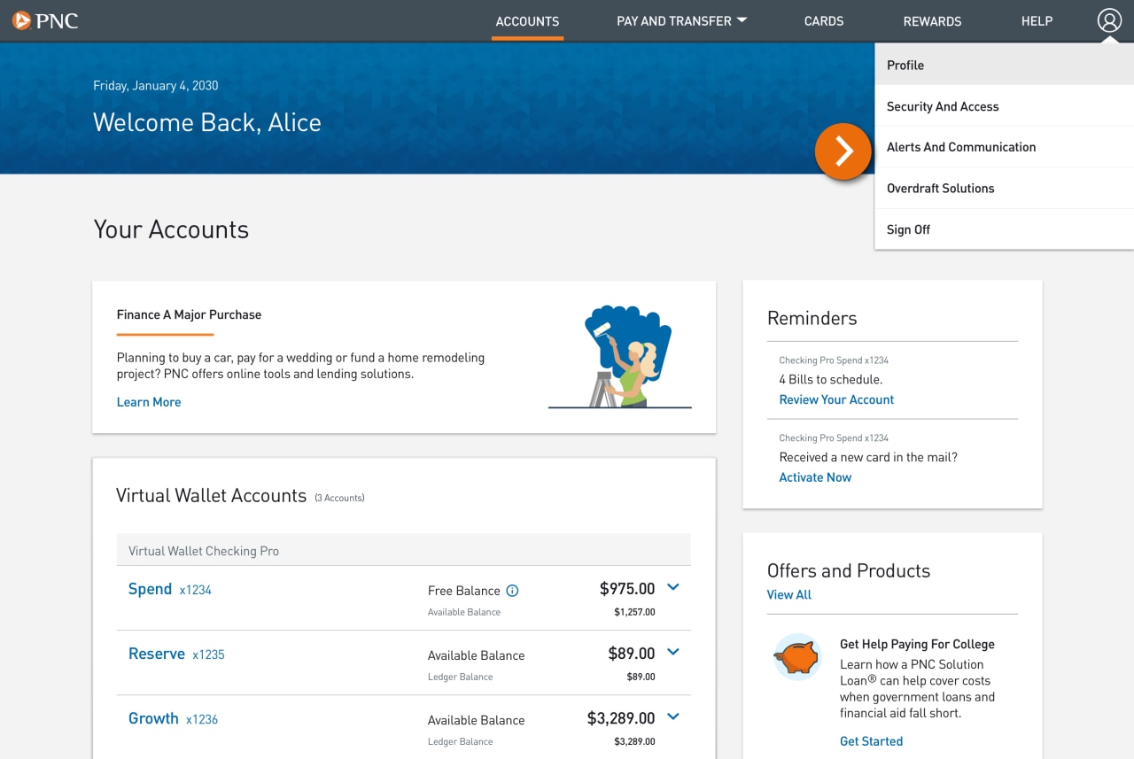 Screenshot of the Accounts landing page, with the profile and settings menu expanded.​