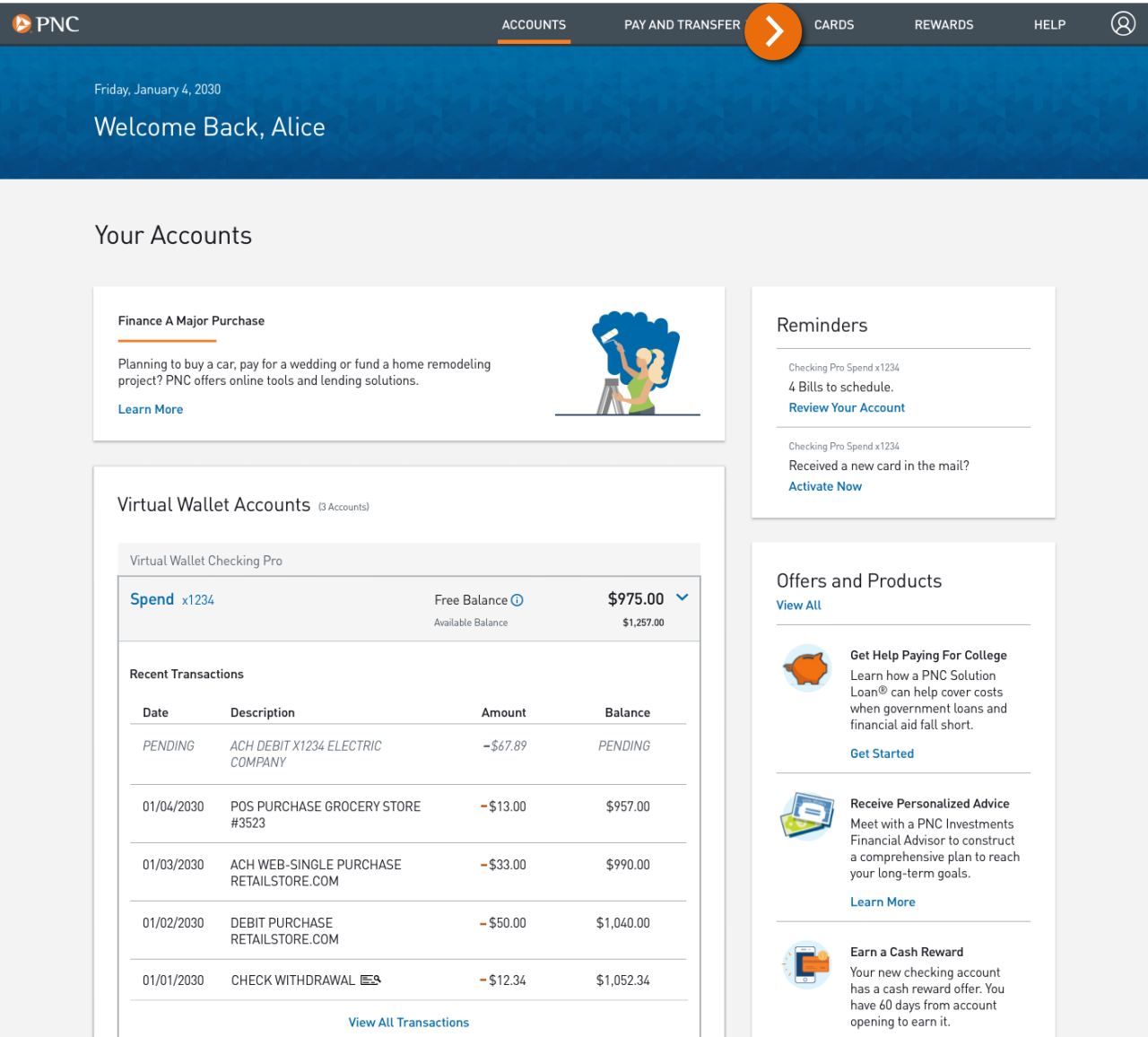Screenshot of the Accounts landing page
