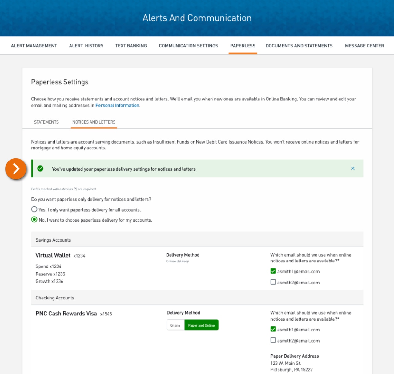Screenshot of the Paperless Settings screen with the Statements tab selected and a confirmation message that paperless settings for notices and letters were updated