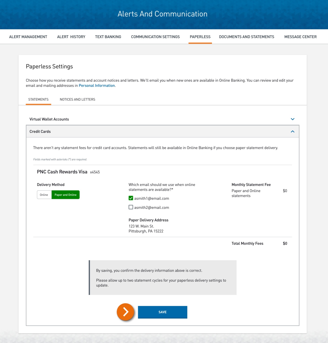 Screenshot of the Paperless Settings screen with the Statements tab selected and paperless delivery method options for Virtual Wallet accounts showing. 