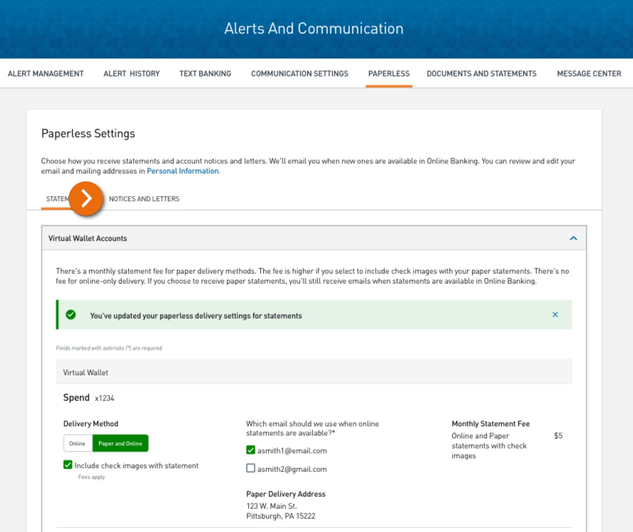 Screenshot of the Paperless Settings screen with the Statements tab selected and a confirmation message that Virtual Wallet paperless settings were updated. 