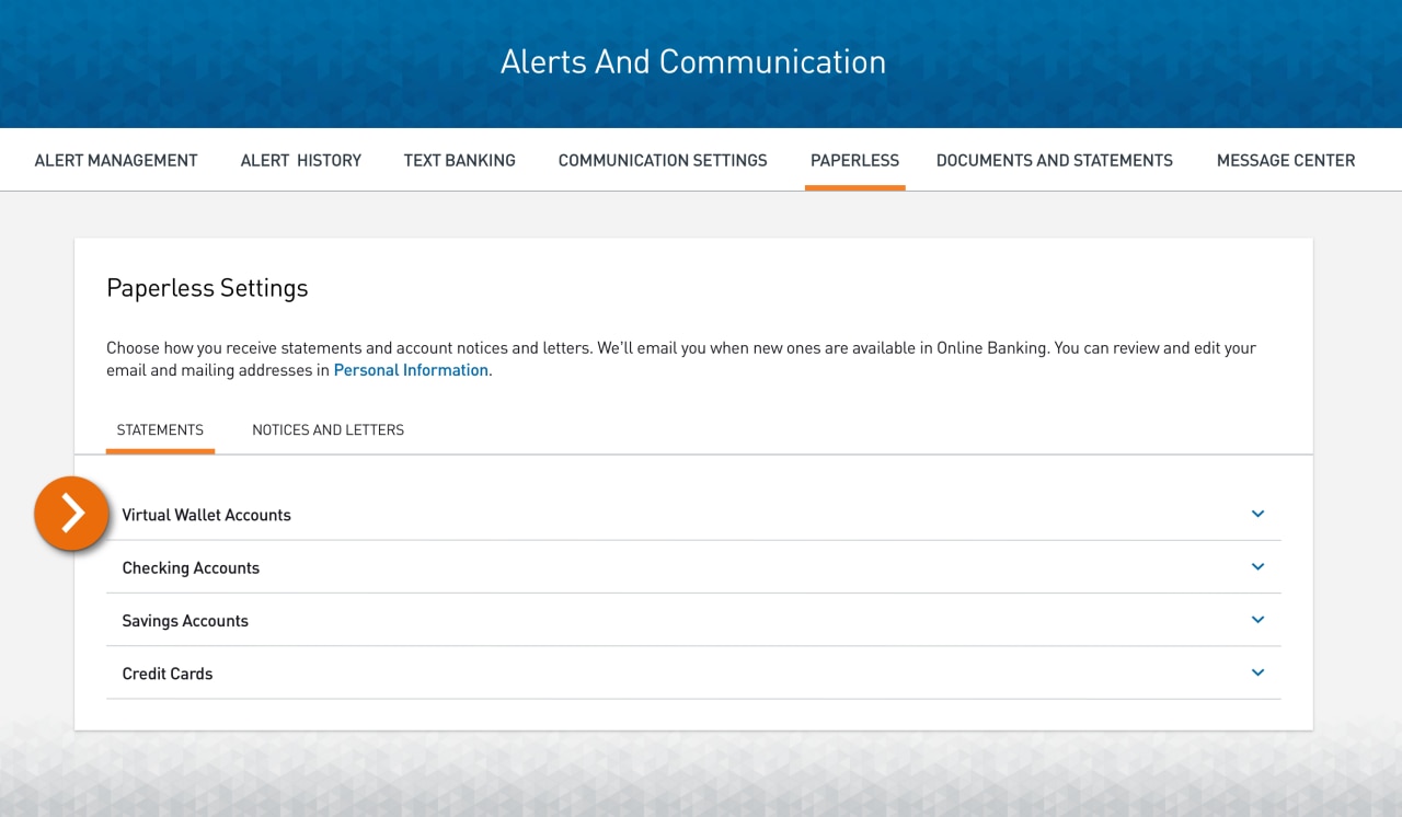 Screenshot of the Paperless Settings screen with the Statements tab selected. 