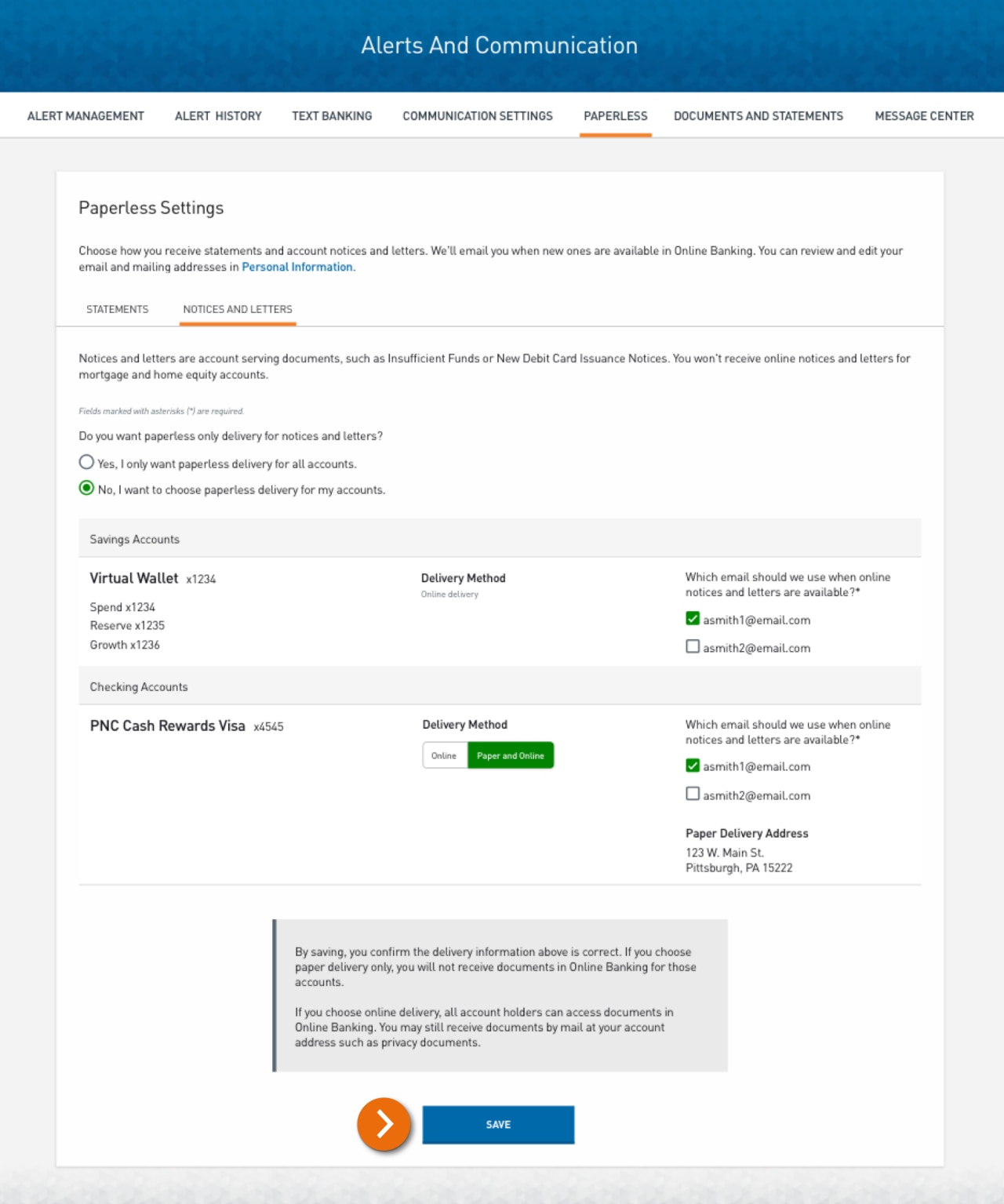 Screenshot of the Paperless Settings screen with the Notices and Letters tab selected and all account types with delivery method options listed. 
