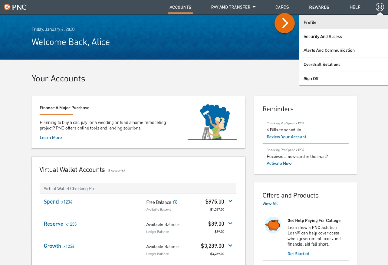 Screenshot of the Accounts landing page.