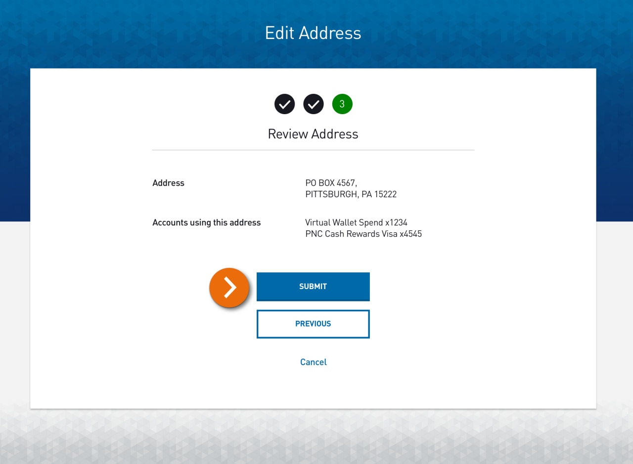Screenshot of step 3 of 3 of the Edit Address form with the details you entered to review before submitting. 