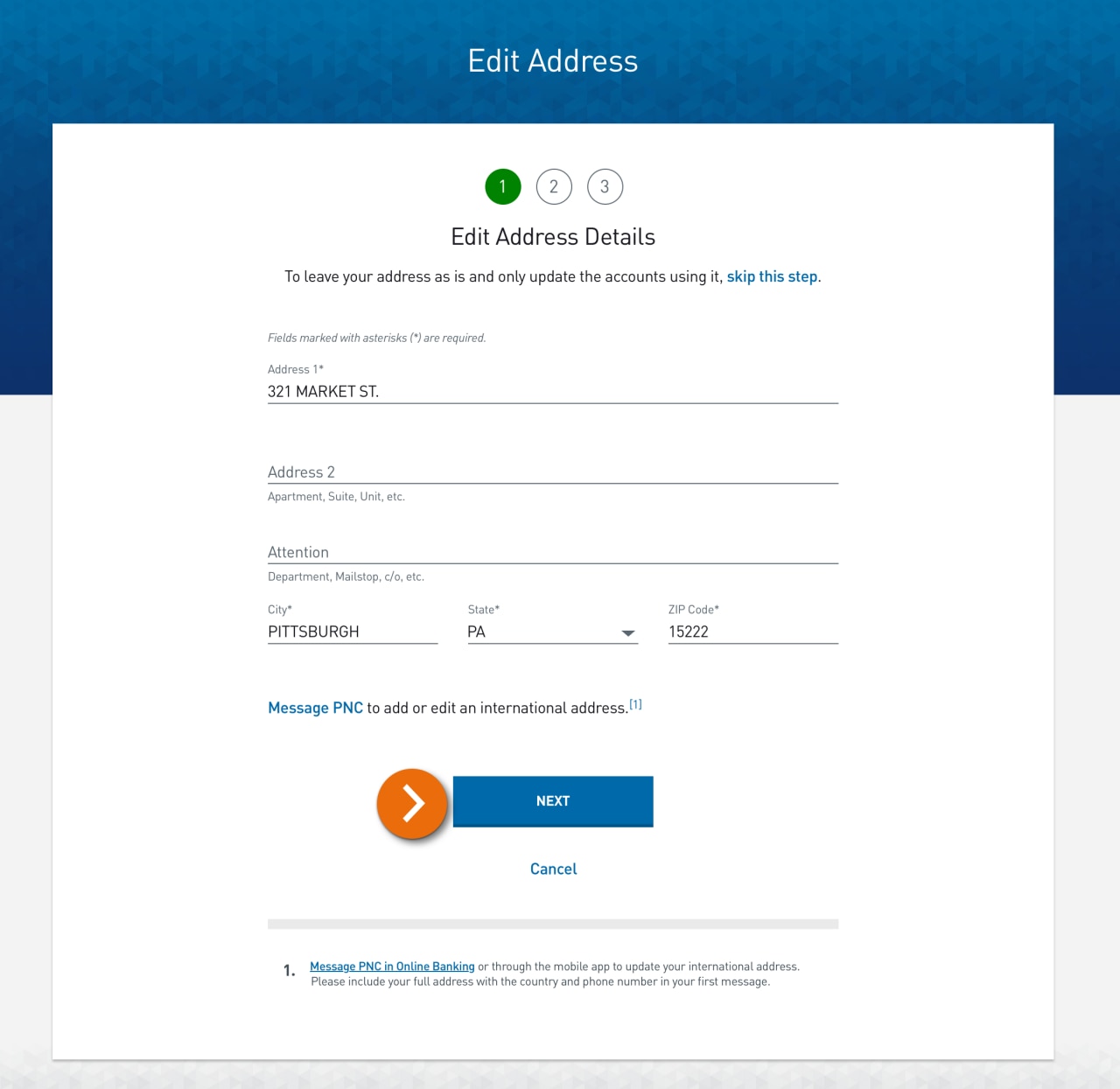 Screenshot of step 1 of 3 of the Edit Address form with fields for address details. 