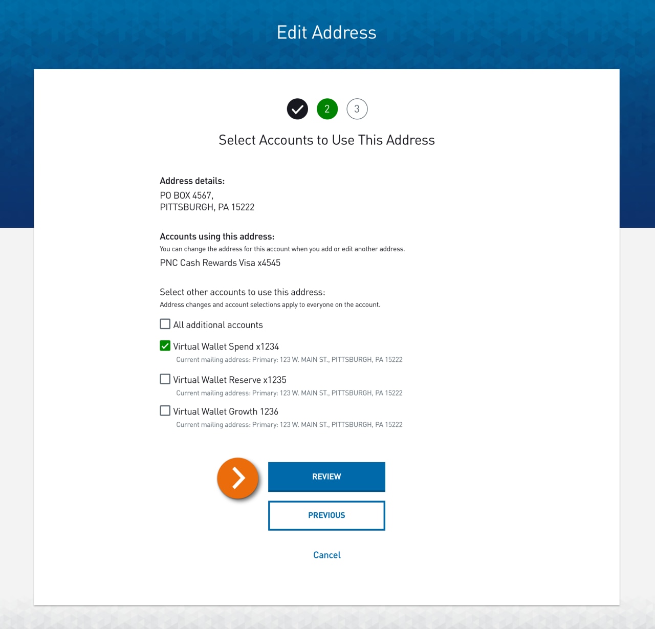 Screenshot of step 2 of 3 of the Edit Address form with a list of accounts to select to use this address.