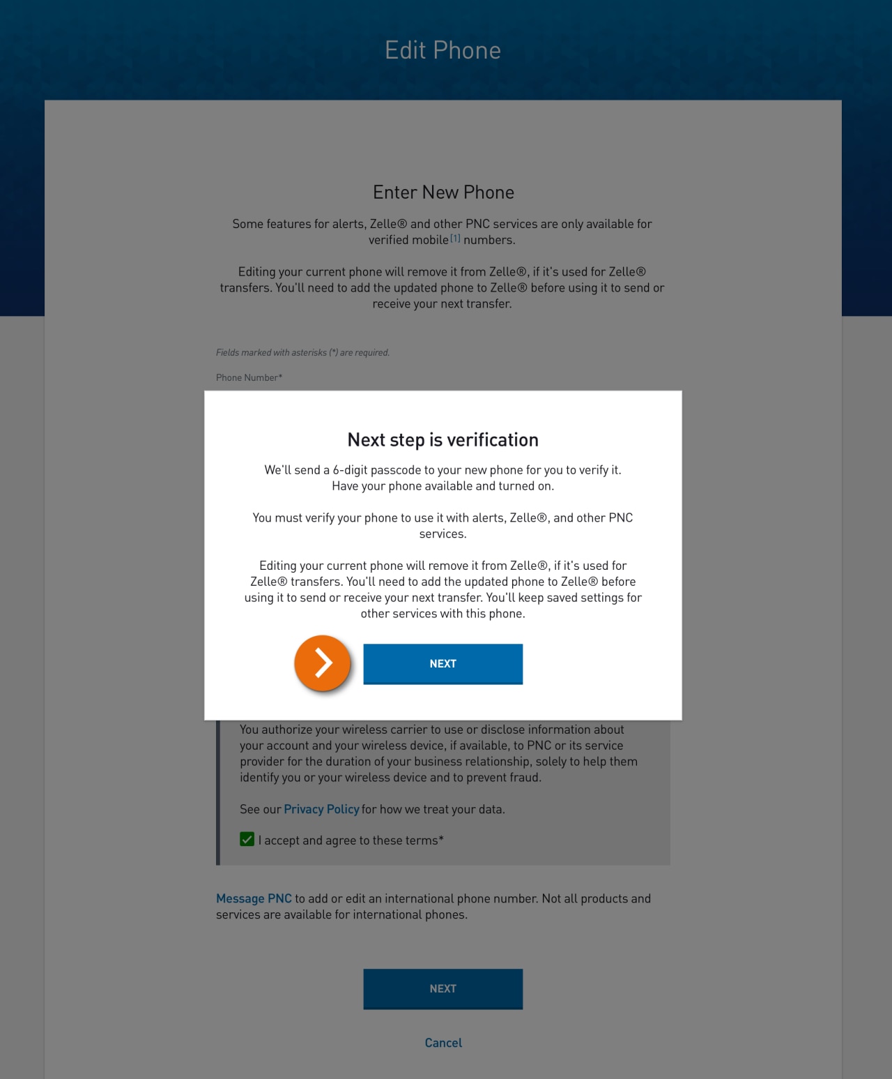 Screenshot of a message letting you know that the next step is verification and the importance of verifying your phone. 