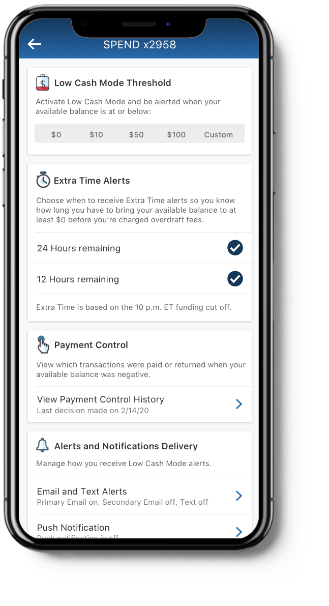 mobile app showing how to choose low cash mode threshold amount