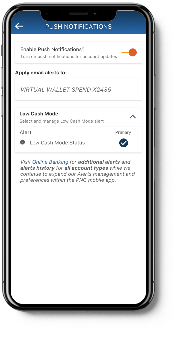 mobile app showing push notification settings