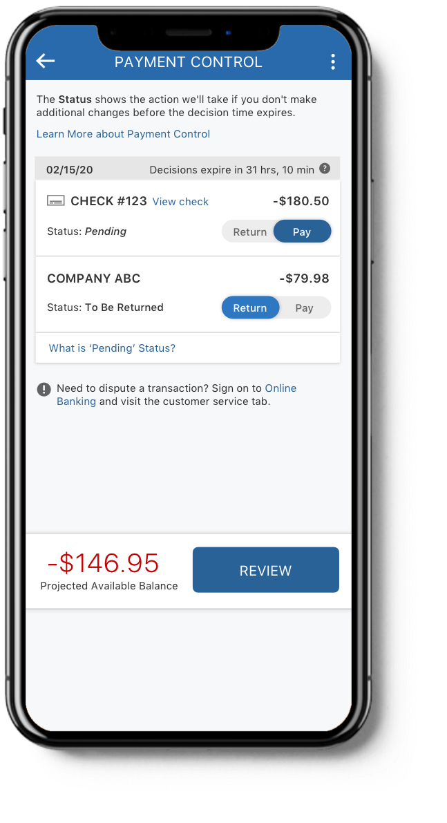 mobile app showing payment control settings