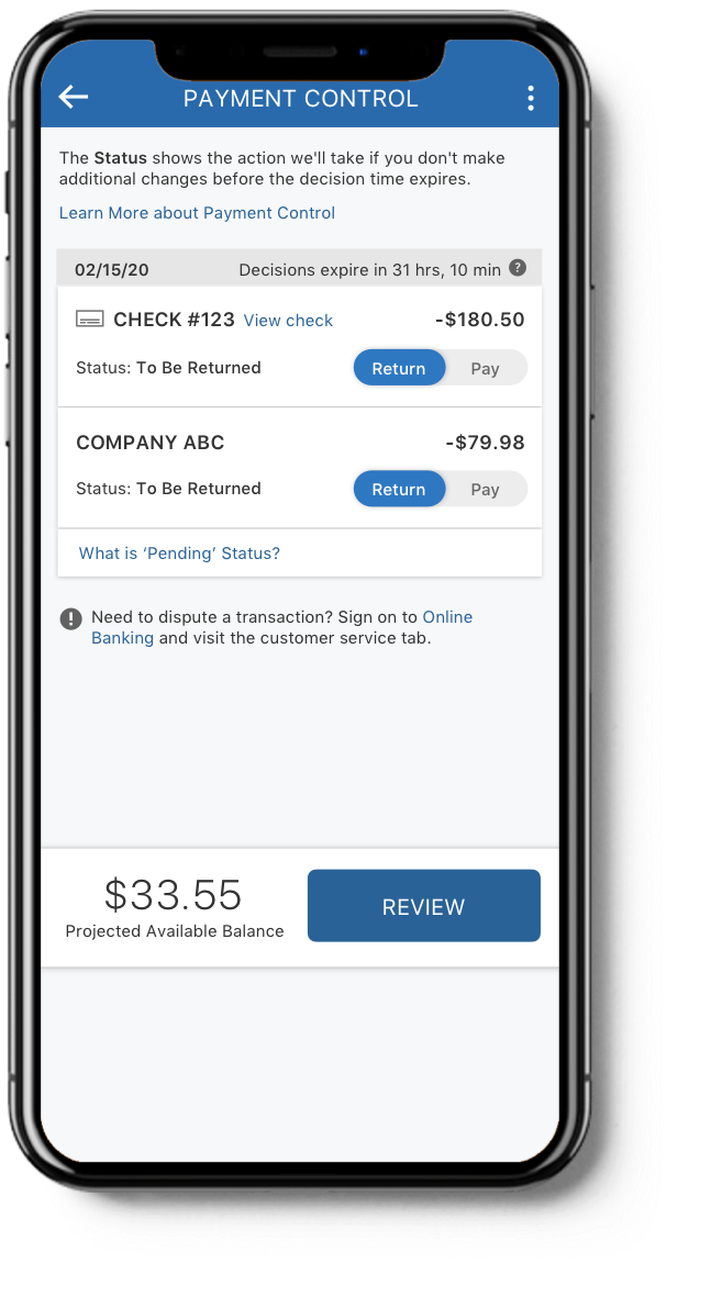 mobile app showing payments control