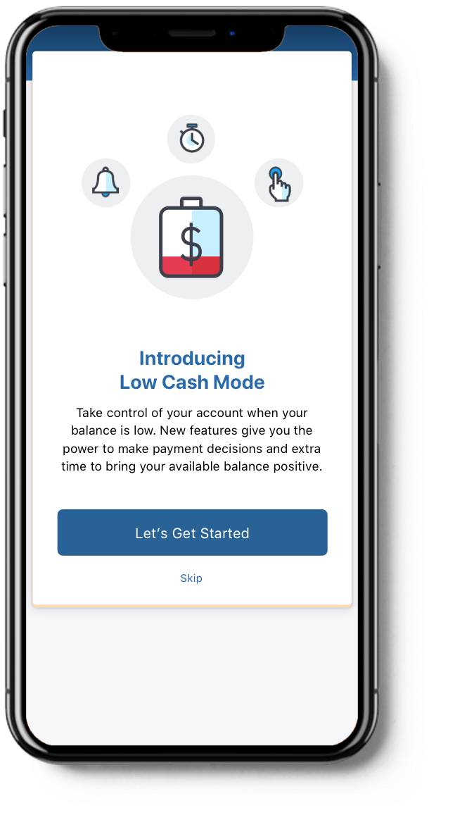 mobile app showing Introducing Low Cash mode tutorial