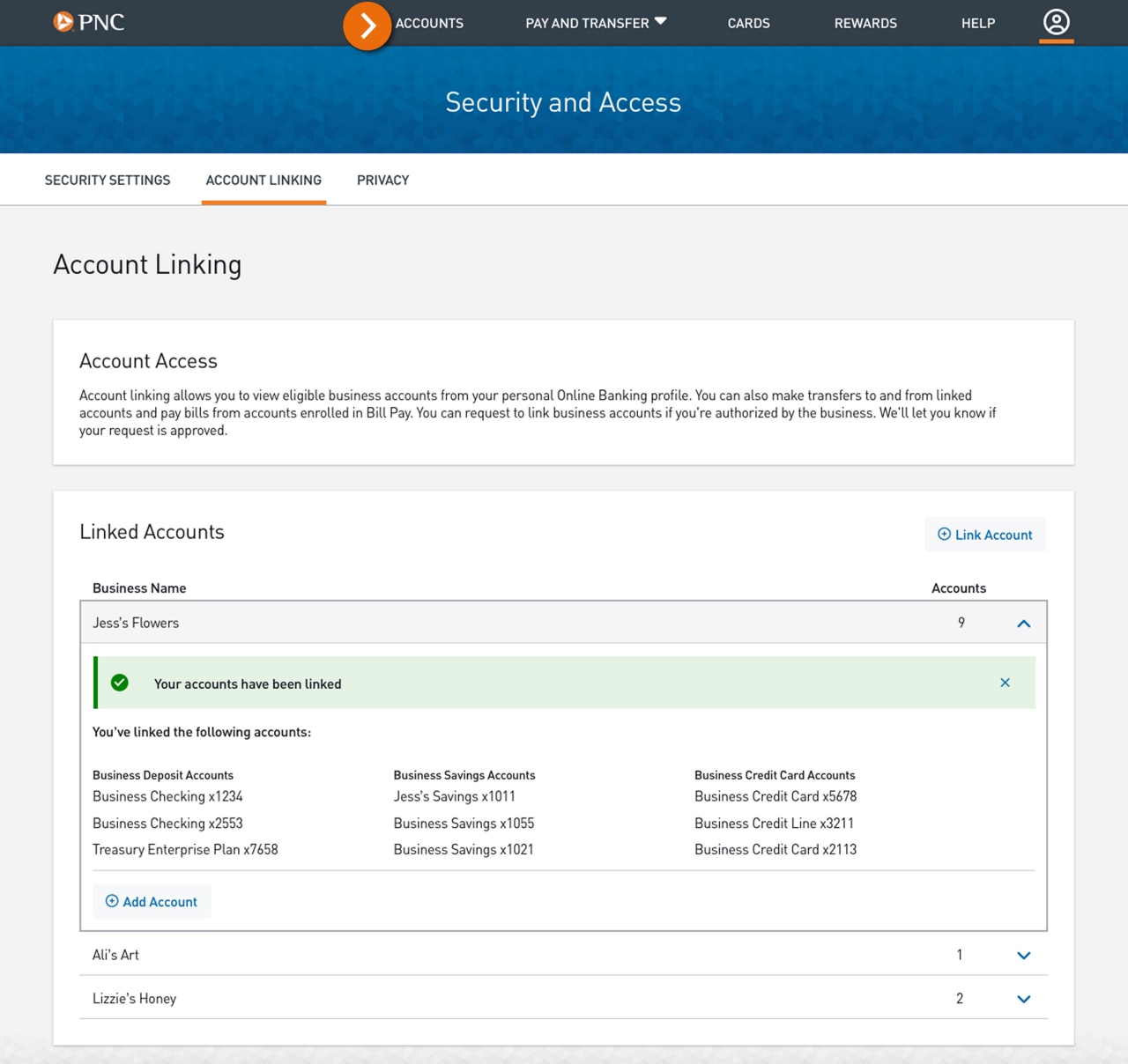 Screenshot of Security and Access page with "Your Accounts Have Been Linked" confirmation banner.
