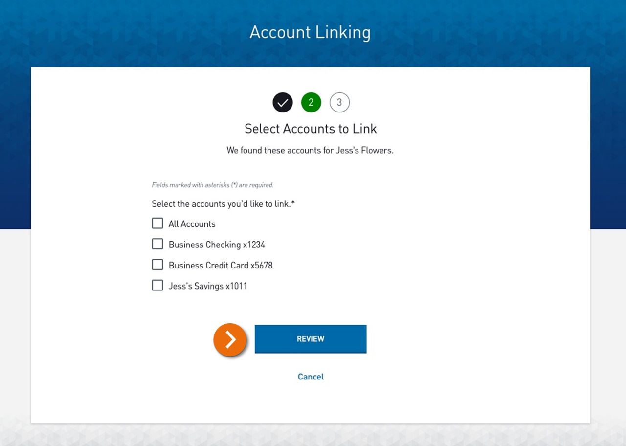 Screenshot of the "SelectAccounts To Link" page.