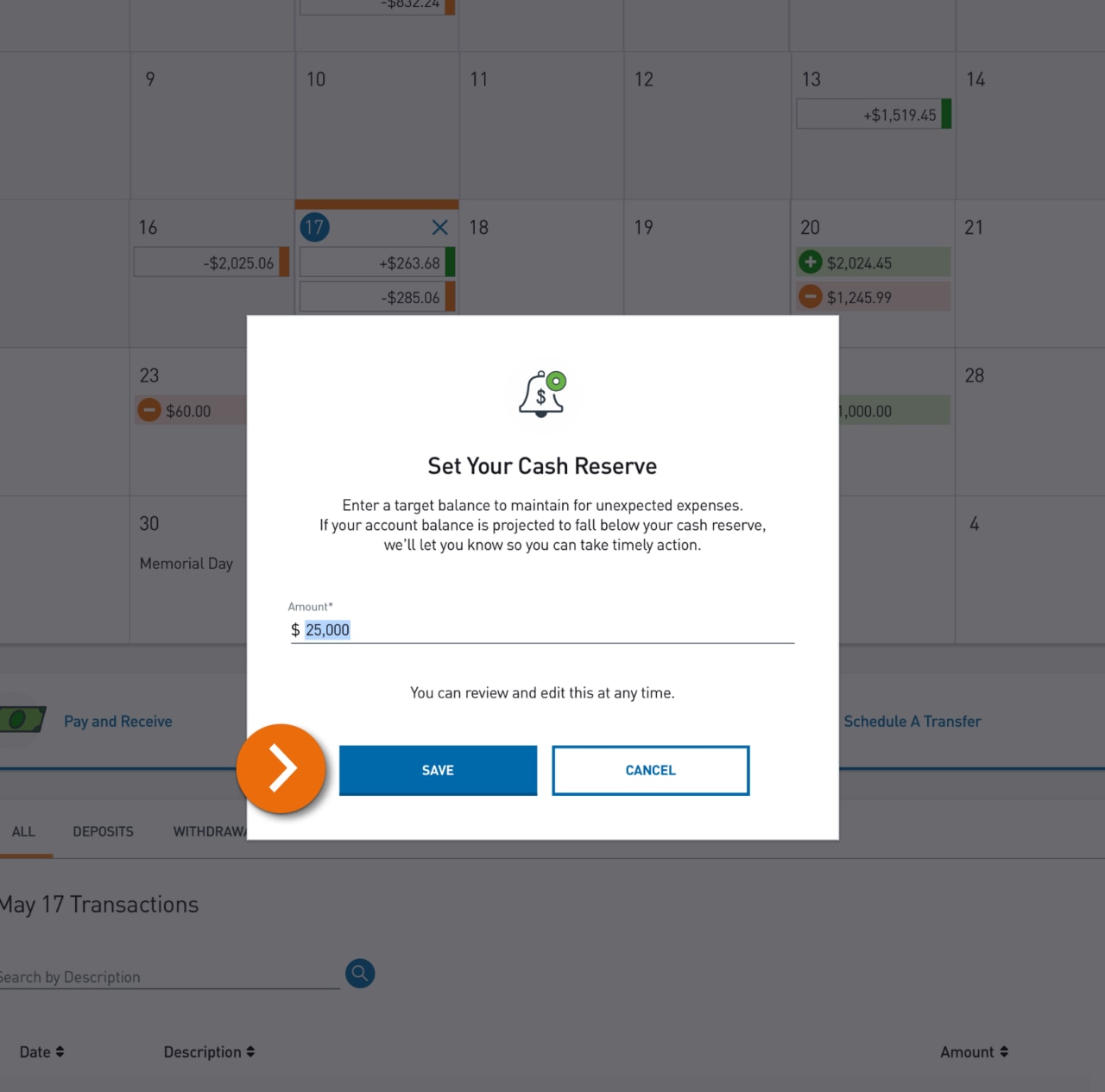 Screenshot of the “Set Your Cash Reserve” popup.