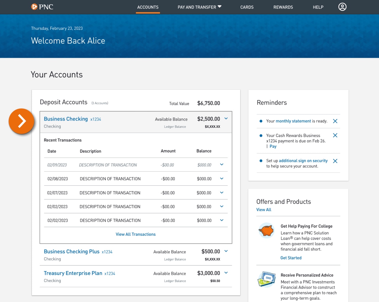 Screenshot of the Accounts landing page