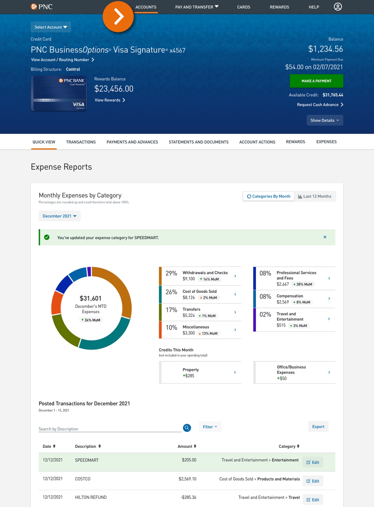 Screenshot of the Credit Card Expense Report page with a confirmation banner.