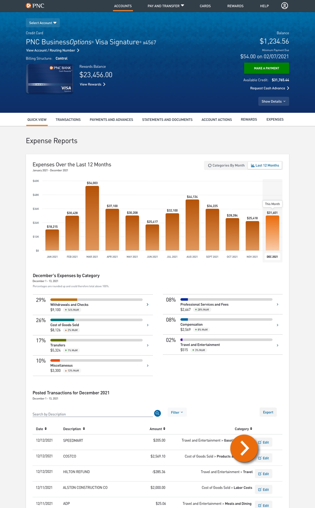 Screenshot of the Credit Card Expense Report page with a bar graph showing credit card spending month over month.