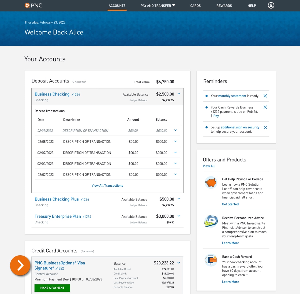 Screenshot of the Accounts landing page.