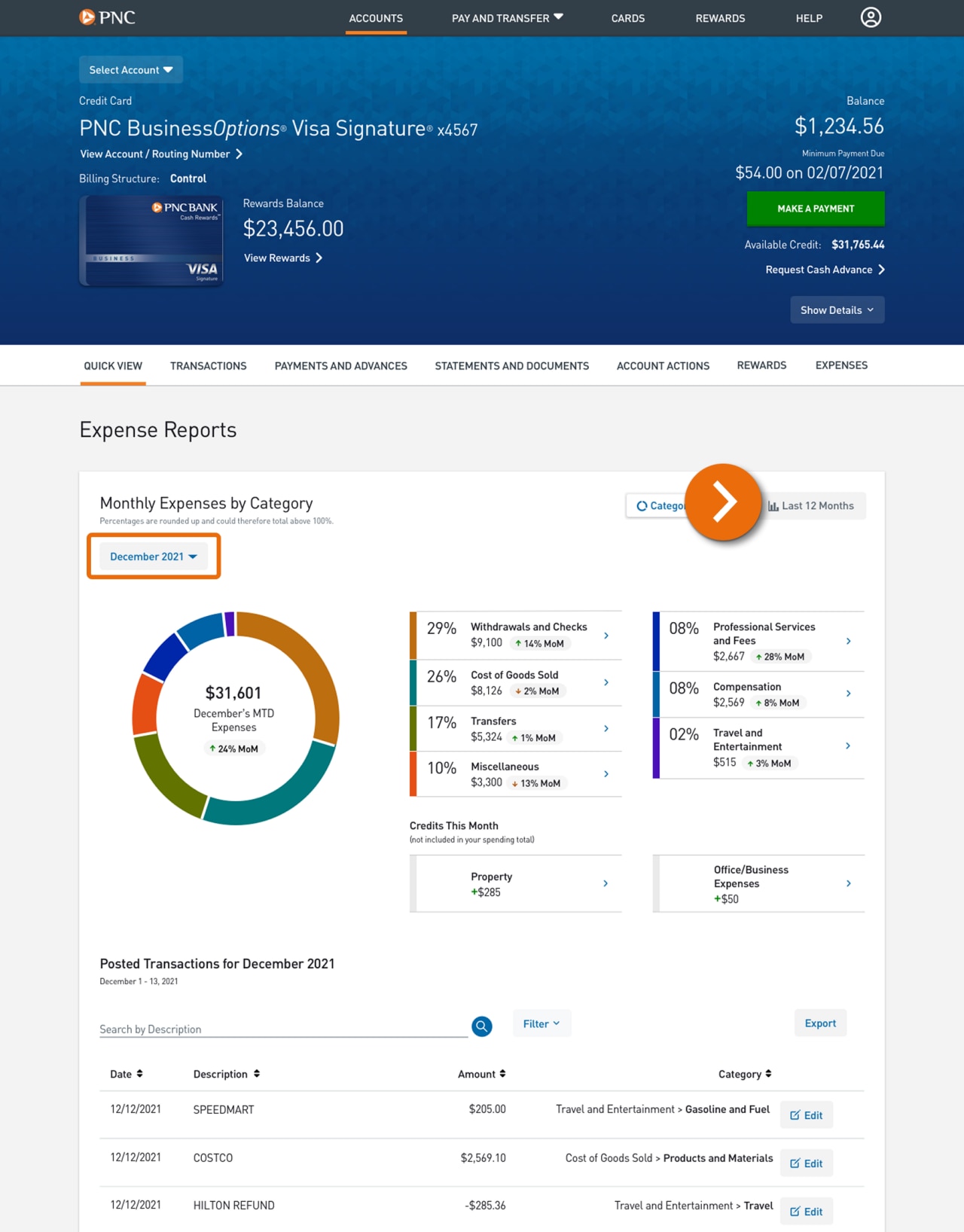 Screenshot of the Credit Card Expense Report page.