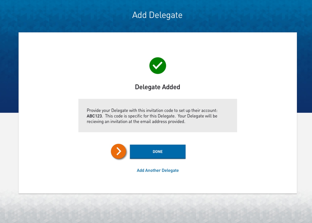 Screenshot of the Delegate Added confirmation page.
