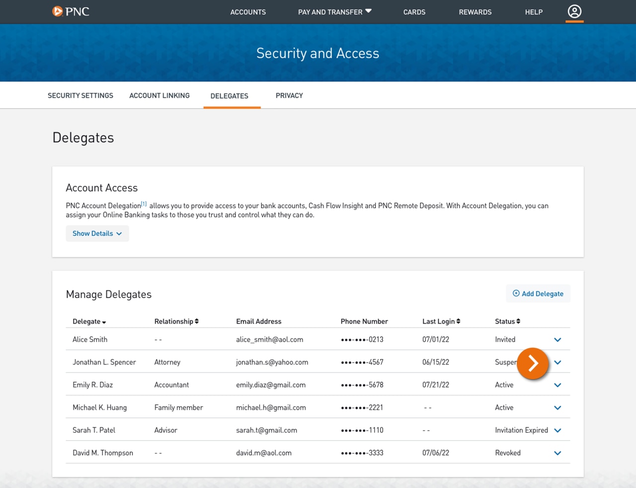 Screenshot of Delegates page in Security And Access.