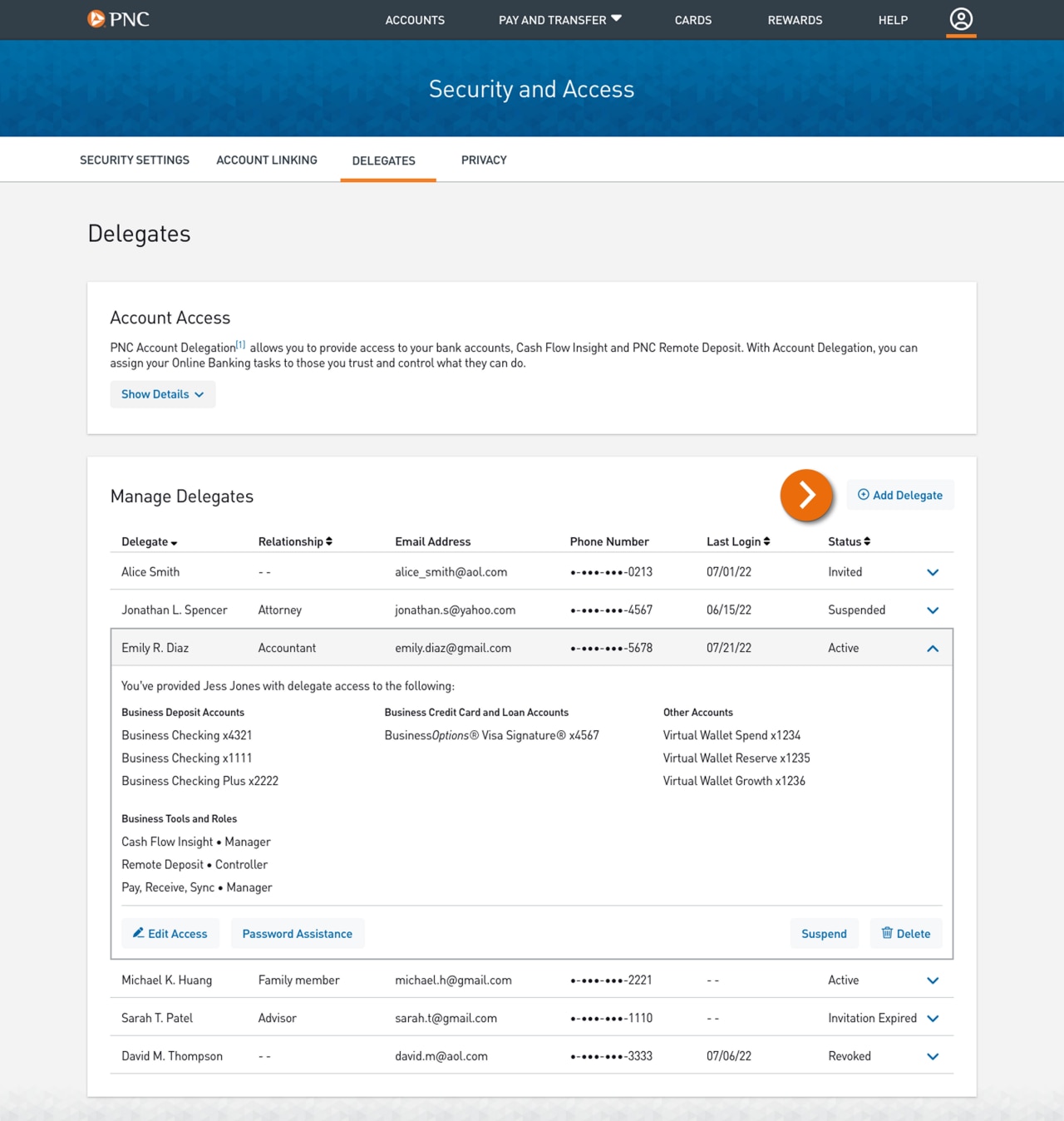 Screenshot of Delegates page in Security And Access, with a delegate's details expanded.