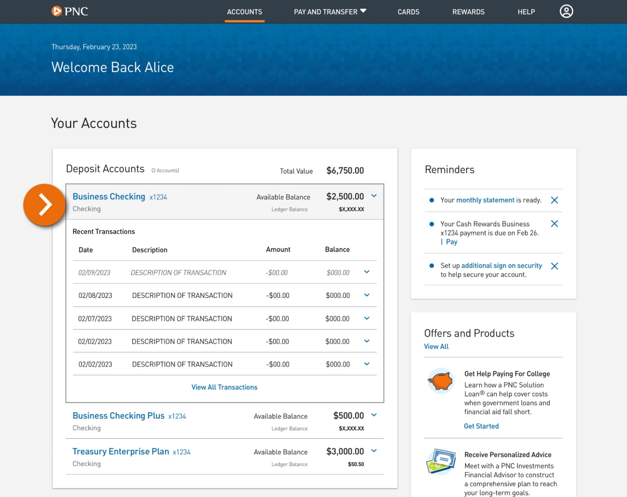 Screenshot of the Accounts landing page.